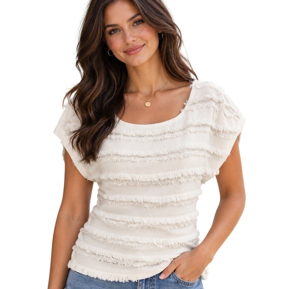 Maeve Barton Textured Fringe Top Womens Size 4 Ivory Eyelash Fringed Boho Blouse